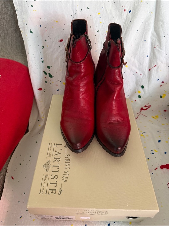 L'ATISTE Shoes - L'ATISTE Red Leather Western Ankle Boots with Floral Accent
